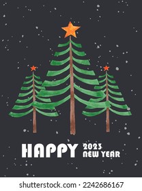 Three Christmas trees decorated with bright stars on their tops. New year, happy and christmas concept. Design of Christmas cards, invitations, banners, flyers, print, website.