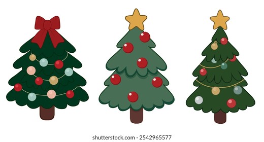 Tres árboles de Navidad decorados con bolas de adorno, cinta y estrella. Diseño gráfico para Navidades.