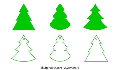 Three Christmas trees of different shapes. Silhouettes and outlines. Christmas greeting card template. Vector illustration.