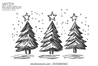 Three Christmas trees hand drawn greeting card. Engraving ink decoration fir trees with stars. Winter holidays drawing design vector illustration