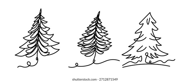 Tres árboles de Navidad se ilustran con una sola línea continua en un estilo minimalista contra un fondo blanco limpio perfecto para tarjetas de vacaciones y diseños festivos.