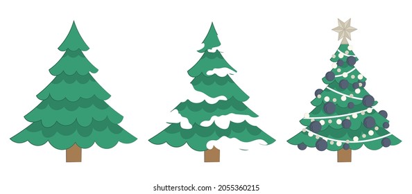 Three Christmas trees isolated on white background in three different situations. Christmas tree without toys, in the snow, dressed up. Vector flat illustration. 