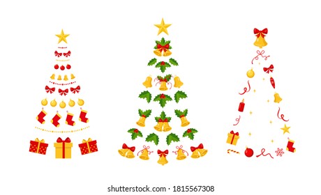 Three Christmas trees made of bells, garland and decorating. Festive elements for Christmas and New Year griting cards and design. Vector illustration on white background.