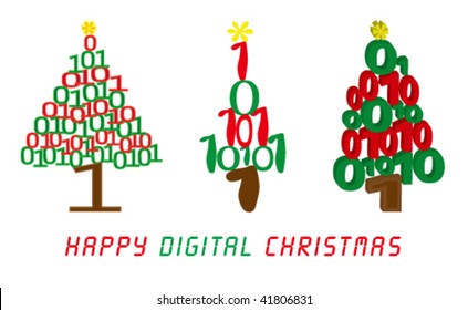 Three Christmas trees made of binary numbers