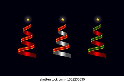 Three christmas trees made from ribbon. Red, silver and green ribbon christmas trees. Creative vector illustration concept for new year or christmas postcard.