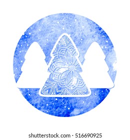 Three Christmas trees on blue watercolor textural background. Vector greeting card design.