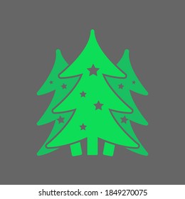 Three Christmas trees on a gray background. Vector icon of three Christmas trees isolated on gray background. Simple background for cards with Christmas trees for New Year and Christmas. Icon isolated