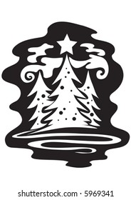 three Christmas trees on Christmas night stand at night in the forest, graphic, black, vector illustration