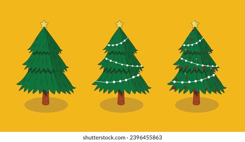 Three Christmas trees on a yellow background