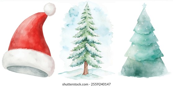 Three Christmas trees and a red hat. The hat is red and has a white star on it. The trees are green and are in the snow. Scene is festive and joyful