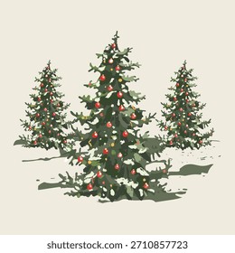 Tres árboles de Navidad con adornos rojos. Uno está en primer plano, los otros dos están en el fondo