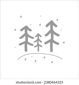 Tres árboles navideños y copos de nieve en el bosque invernal. Ilustración vectorial simple en estilo plano. Diseño de platos, boletines, tarjetas de felicitación