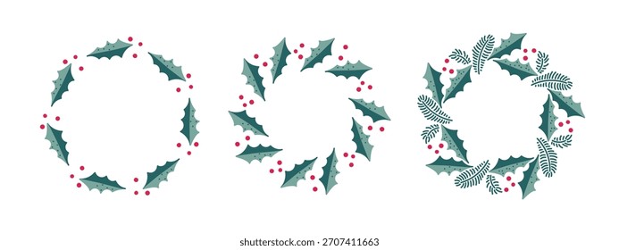 Tres diseños de coronas de Navidades con hojas de acebo y bayas rojas. Perfecto para decoraciones navideñas, tarjetas de felicitación y diseños festivos. Conjunto de marco redondo con espacio de copia. Vector en estilo doodle
