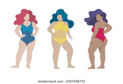 Three chubby or overweight girl model in swimsuit isolated on white background. Vector illustration for plus size confident lady and real size beauty concept svg