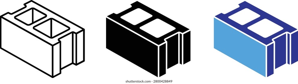 Three cinder block icons in line art, solid black, and blue fill color variations, suitable for construction and building projects.
