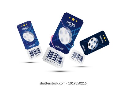 Three cinema ticket realistic isolated on white background with shadow. Flat vector illustration EPS 10