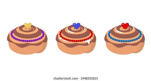 Tres panecillos de canela con crema y bayas. Objetos aislados sobre fondo blanco