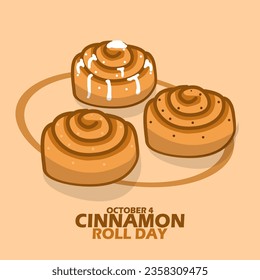 Three cinnamon roll cakes, with bold text on light brown background to celebrate ​National Cinnamon Roll Day on October 4