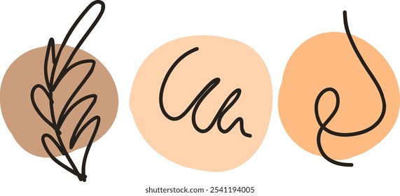 Three circle aesthetic line art. Plant crossing out and nose