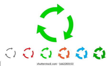 Three circle arrow icon set, rotation sign, recycle symbol, color isolated on white background, vector illustration.