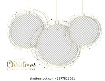 Three circle Christmas decorations photo frame layout template with place for your three family photos. Simple layout template for your christmas card, social media post status, flyer header or banner