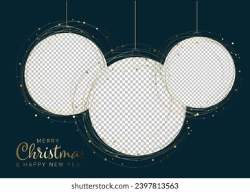 Three circle Christmas decorations photo frame dark layout template with place for your three family photos. Simple layout template for your christmas card social media post status, flyer, header