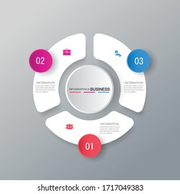 
three circle elements with a paper icon and a place for the text to be a white paper circle. Concept 3 features business development. Infographic design template. Vector illustration.