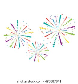 Three circle fireworks different colors isolated on white background