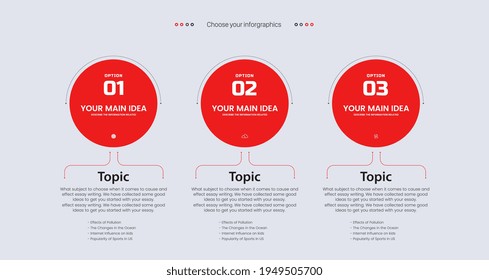 Three circle Options of infographic in red colors templates design, Vector infographics timeline design template, integrated circles background, business, infographic, diagram.