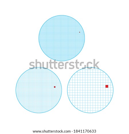 Three circles with blue squares grid. Dots per inch illustration or pixel per inch wallpaper. One pixel in different resolution
