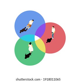 Three circles with different people overlaps with each other as symbol of consensus of opinions