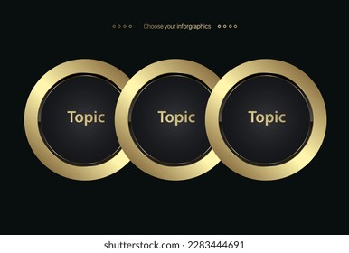 Three circles option vector, luxury, and premium options, set of three gold circles buttons infographic, 3 premium elements, golden steps banner, template infographic