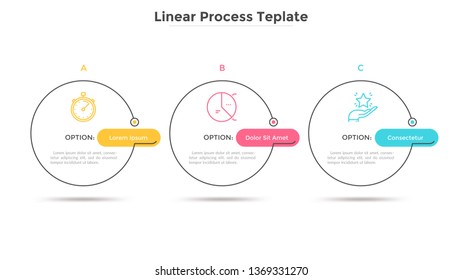 Three circles placed in horizontal row. Concept of strategic development plan with 3 successive steps or stages. Minimal infographic design template. Linear vector illustration for presentation.