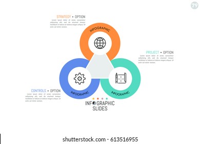 Three circles with thin line icons inside placed around central triangular element. Important features of project control concept. Simple infographic design layout. Vector illustration for report.