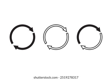 Three circular arrow icons in different styles, including solid, outlined, and double-lined designs, representing rotation, recycling, or continuous motion, all with a minimalist black-and-white aesth