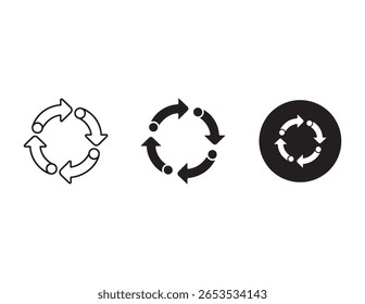 Três ícones de seta circular representando ciclos de atualização ou repetição isolados no plano de fundo branco