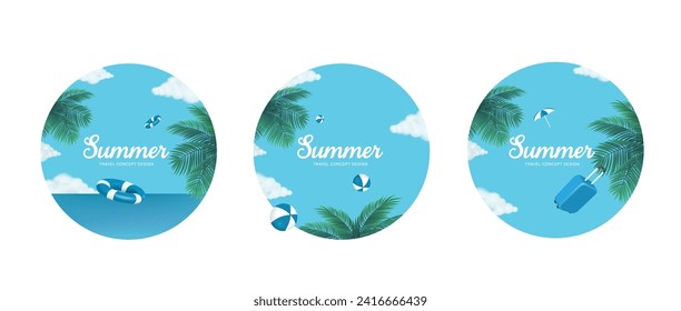 Three circular backgrounds for text about summer travel. sky and soft sunlight hitting coconut trees next to sea serve as background elements, vector 3d isolated on white background for summer concept
