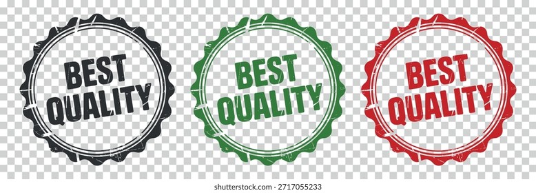 three circular best quality badges in varying colors of black green and red are displayed against a transparent background showcasing product validation