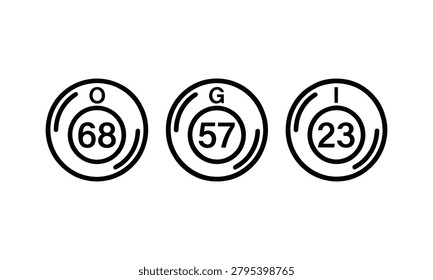 Three circular bingo balls are displayed against a white background. Each ball features a letter at the top and a number within a smaller circle at the center. The balls show 'O' with '68', 'G' with '57', and 'I' with '23'.