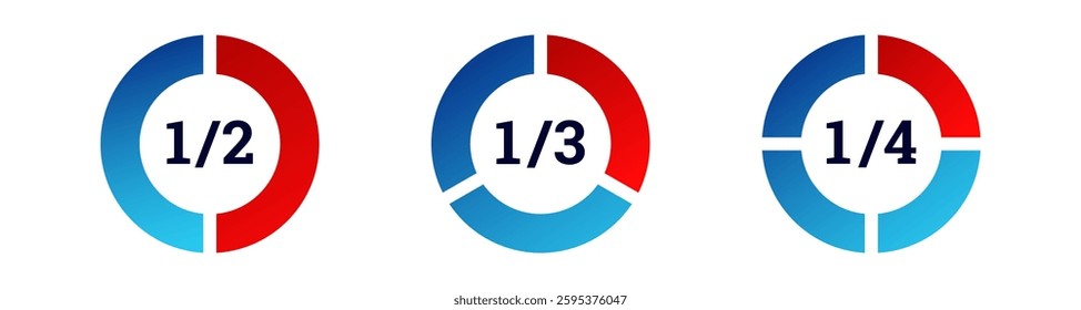 three circular charts with fractions: half, third, and quarter, in blue and red colors.