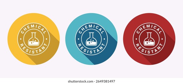 Tres etiquetas circulares resistentes a los productos químicos con iconos de frasco de laboratorio