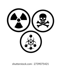 Three circular danger symbols featuring radioactivity skull and crossbones and biohazard warning signs