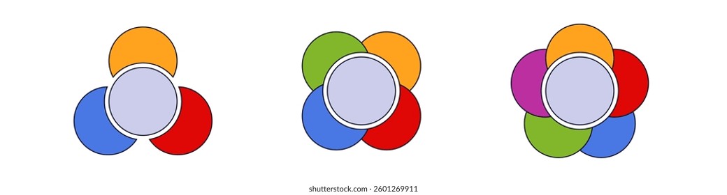 Three circular designs feature various multicolored shapes overlapping in unique geometric patterns.