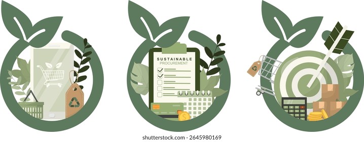 Três ícones de negócios ecológicos circulares com compras sustentáveis isoladas. Modelo de conceito de comércio ecológico ideal para apresentações corporativas e ambiente. Ilustração vetorial