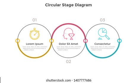 Three circular elements arranged into horizontal row. Concept of 3 strategic steps of business project development. Linear infographic design template. Vector illustration for banner, presentation.