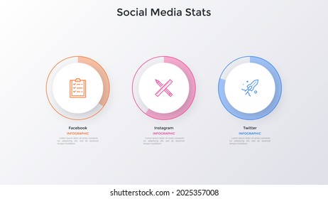 Three circular elements placed in horizontal row. Concept of social media or networks statistics. Simple infographic design template. Modern vector illustration for internet data visualization.