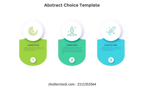 Tres elementos circulares colocados en fila horizontal. Concepto de 3 pasos sucesivos para el lanzamiento del proyecto de inicio. Ilustración vectorial abstracta moderna plana para el análisis de datos empresariales, informe estadístico.