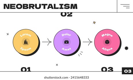 Three circular elements placed in horizontal row. Concept of 3 successive steps of progressive business development. Simple infographic design template in neobrutalism style. Vector illustration