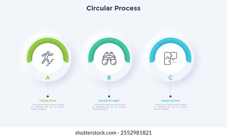 Three circular elements placed in horizontal row. Concept of 3 steps to startup project launch. Neumorphic infographic design template. Modern flat vector illustration for business presentation.