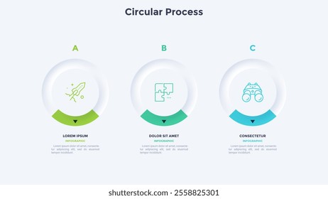 Three circular elements placed in horizontal row. Concept of 3 steps to startup project launch. Neumorphic infographic design template. Modern flat vector illustration for business presentation.